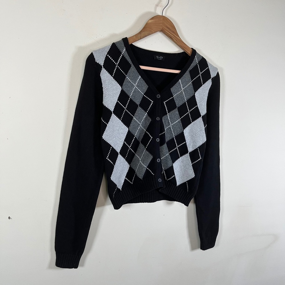Brandy Melville John Galt Argyle Cropped V-Neck Knit Cardigan Sweater Cotton - Picture 2 of 5